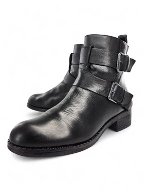 Gentle Souls Benton Best Of Moto Black Leather Dual Buckle Lug-Sole Ankle Boots